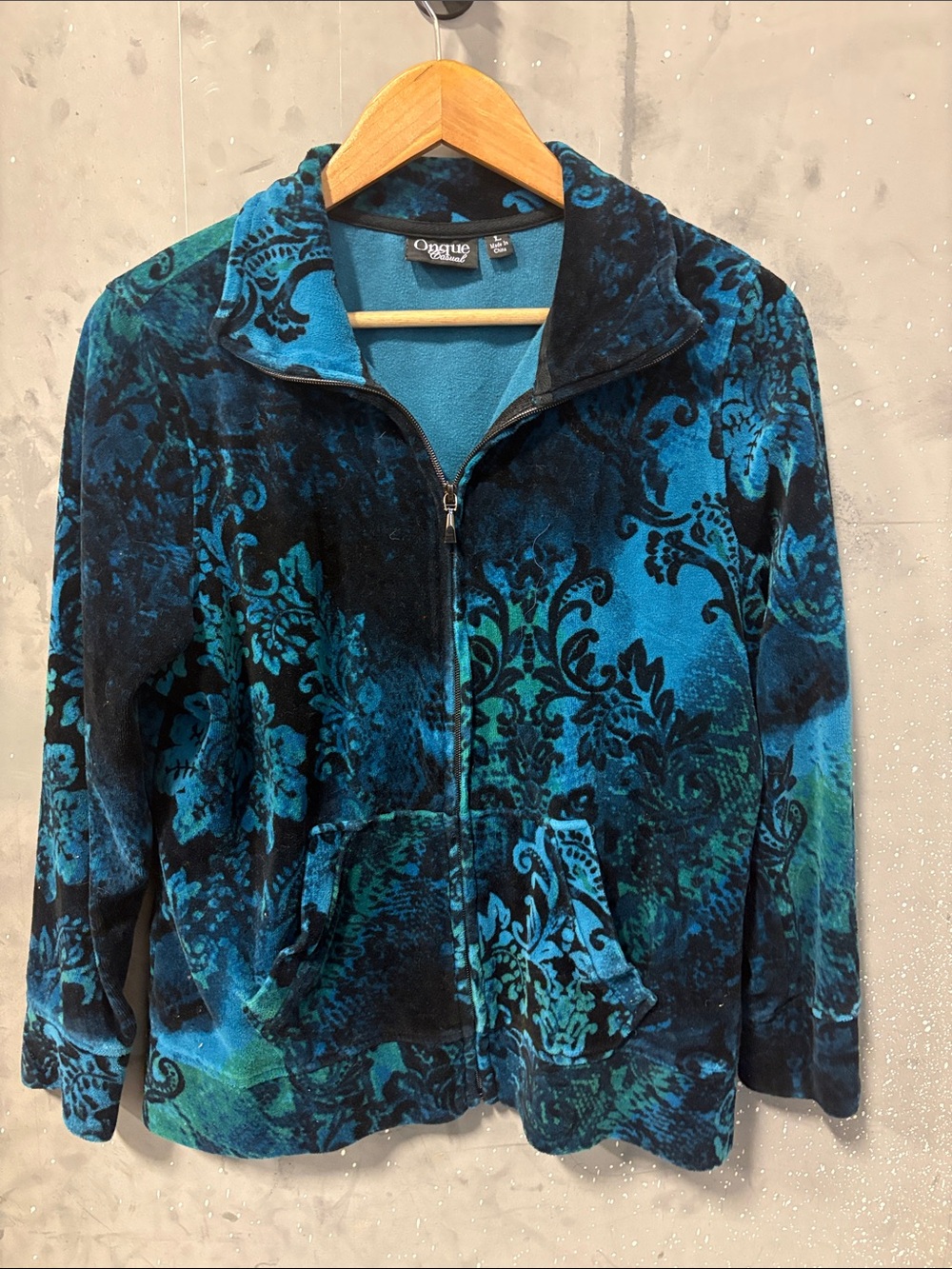 Onque Casuals Teal & Black Patterned Teddy Zip Jacket